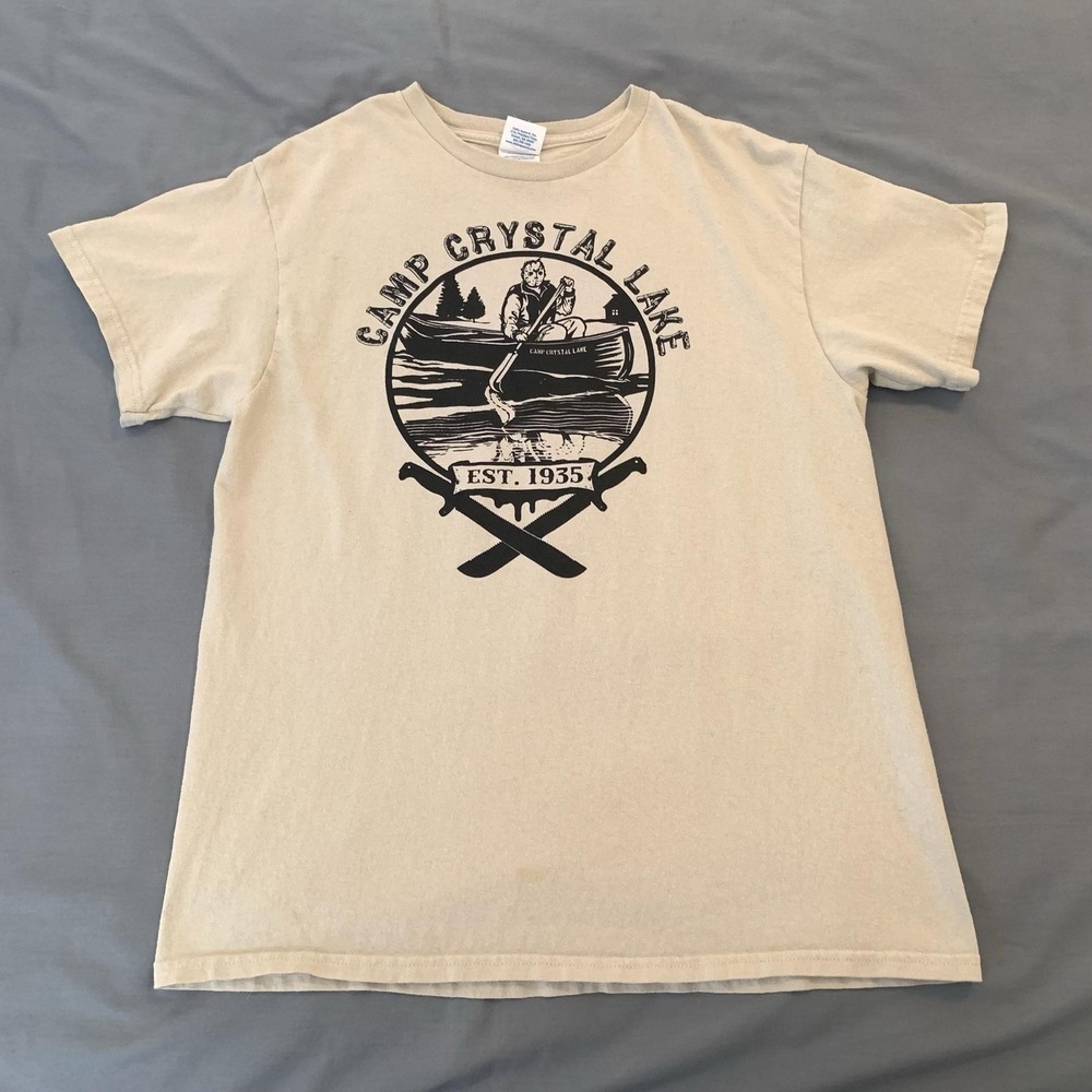 Camp Crystal Lake Jason Voorhees Shirt Mens Medium Beige Friday‎ The 13th Delta